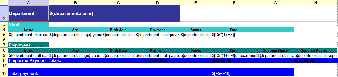 Screenshot of Department XLS template file