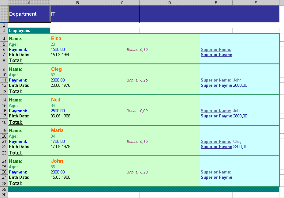 Screenshot of multiplelistrows XLS output