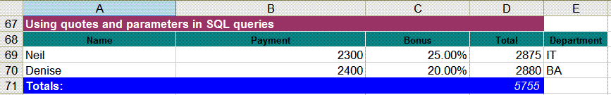 Screenshot of Parameterized Query with quotes XLS output