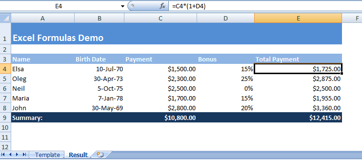 Formulas output