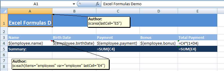 Excel formulas template