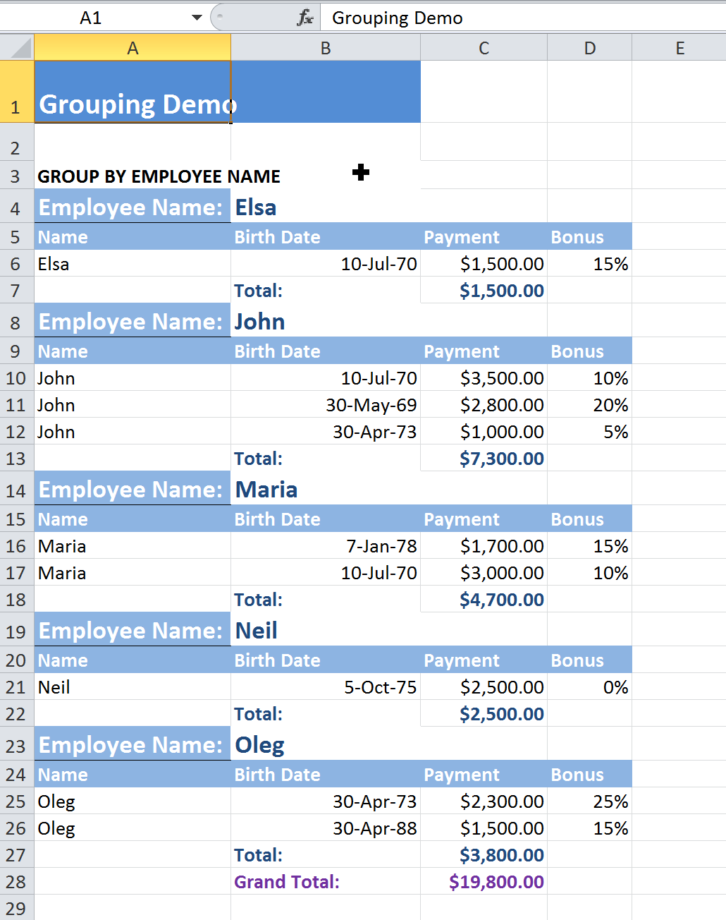 Grouping output